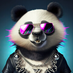 Cooler Rocker Panda mit Lederjacke, Sonnenbrille und Halskette, Illustration © Stephan