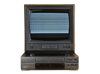 Fototapeta premium Old black vintage TV with screen noise and VCR from 1980s, 1990s, 2000s isolated on white background.