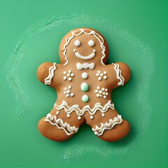 gingerbread person on a bright green background with decorative white frosting, generative ai