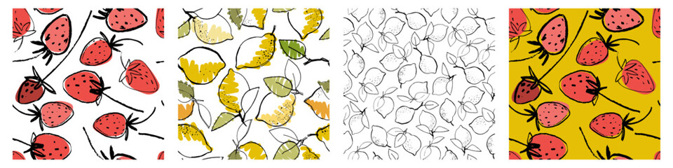 Seamless patterns set with hand drawn berries and lemons for surface design and other design projects. Gardening, summer, healthy food themes