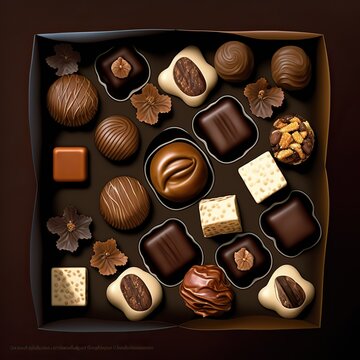 Chocolate truffles and pralines in a box, top view, Valentine or Christmas gift, 3D render style