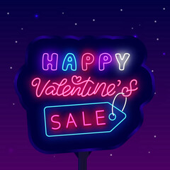 Obraz premium Happy Valentine Day Sale neon street signboard. Special offer advertising. Romantic evening. Vector illustration