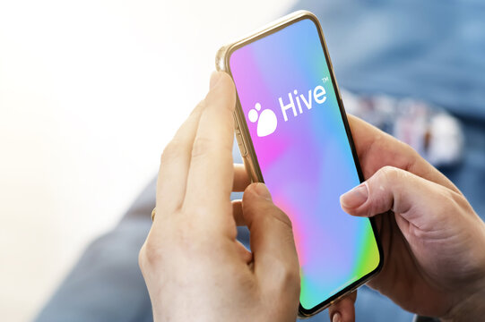 Female hands holding a phone with Hive Social mobile app on screen
