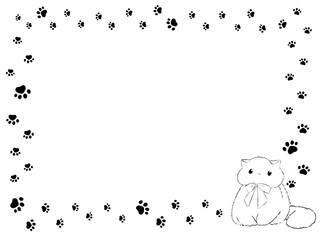 イラスト素材:かわいい足跡と猫のフレーム