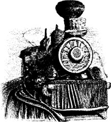 Front view of a steam locomotive 1800s transportation illustration. Fantasy imaginary drawing.