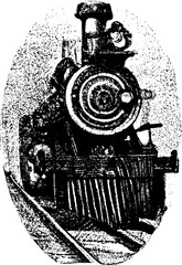 Front view of a steam locomotive 1800s transportation illustration. Fantasy imaginary drawing.