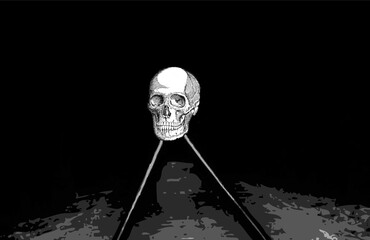 Skull on a black background, railroad tracks leading into the distance and darkness.