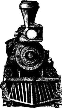 Front view of a steam locomotive 1800s transportation illustration. Fantasy imaginary drawing.