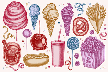 Carnival food hand drawn vector illustrations collection. Stylized french fries, pretzel, popcorn, lemonade, hot dog, mulled wine, caramel apple, cotton candy, ice cream cones, lollipop, ribbons.