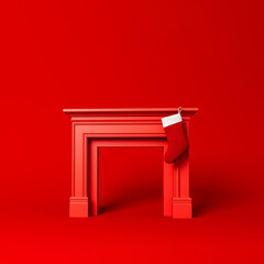 Festive stocking hanging from a fireplace at Christmas. Minimal design. 3D Rendering