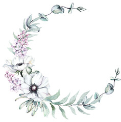 Flower clrcular frame.Anemone wreath painted in watercolor.Elegant floral collection white flower arrangements.For invitation, wedding or greeting cards.
