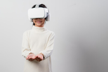 Asian little girl with virtual reality headset. Innovation technology and education concept