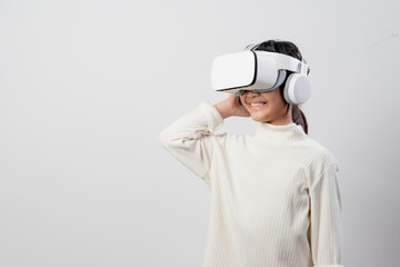 Asian little girl with virtual reality headset. Innovation technology and education concept
