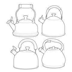 Set off Kettle line vector art. Teapot logo. Kettle with handle isolated on white background. Kettle in line art style vector.