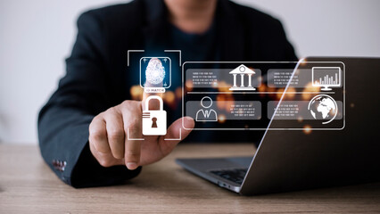 Concept of cyber security digital technology, business people use fingerprints to access personal...