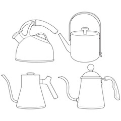 Set off Kettle line vector art. Teapot logo. Kettle with handle isolated on white background. Kettle in line art style vector.