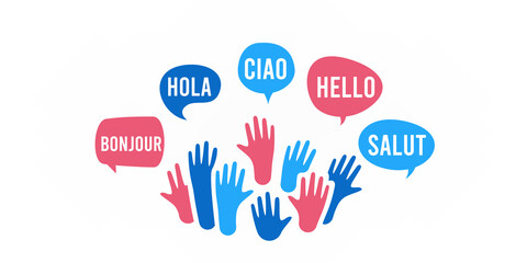 Many colored human hands up with speech bubble and words hello illustration © tutti_frutti