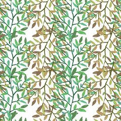 Fototapeta premium Decorative forest twig endless wallpaper. Hand drawn branches with leaves seamless pattern.