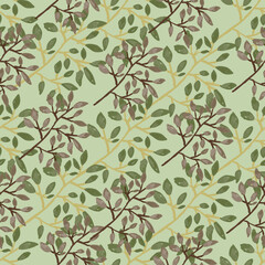 Hand drawn branches with leaves seamless pattern. Botanical sketch background. Decorative forest twig endless wallpaper.
