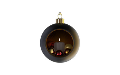 gorgeous matte black glass christmas bauble filled with burning candle and small textured red and golden balls isolated 3D Rendering
