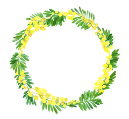 Decorative frame with Mimosa. A wreath of Mimosa. Watercolor Illustration.