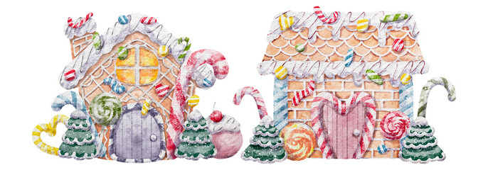 Set of gingerbread Christmas house watercolor clipart isolated illustration, gingerbread cookies house with candy cane and sweet pastel ice cream decorated for printing on card, sticker or scrapbook.