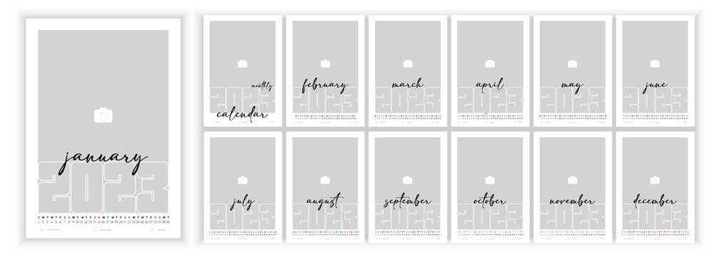 Wall Monthly Photo Calendar 2023. Simple monthly vertical photo calendar Layout for 2023 year in English. Cover Calendar, 12 months templates. Week starts from Monday. Vector illustration
