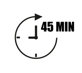 45 minutes clock vector with pointer. Black clockwise arrow with white background