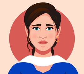 Sad Indian woman in traditional dress. Portrait of a beautiful girl. Avatar Face expression flat vector. Woman wear suit with long dark hair. Avatar for a social network. Fashion illustration 
