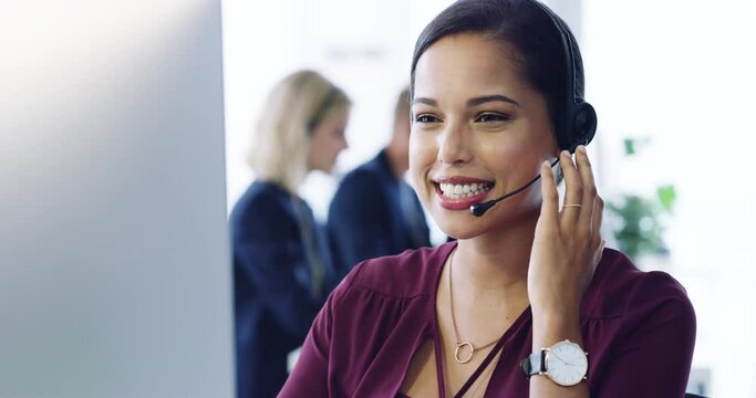 Call center, customer service and support with a black woman consultant working in a telemarketing office. Contact, crm and consulting with a female sales agent on work on a phone call deal