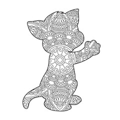 Zentangle cat mandala coloring page for adults christmas cat and floral animal coloring book isolated on white background antistress coloring page vector illustration