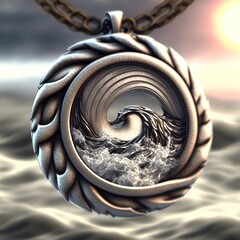 Wave inside the pedant made of silver, 3D style - obrazy, fototapety, plakaty