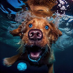  a dog swimming in the water with a ball in its mouth and a ball in its mouth Generative AI