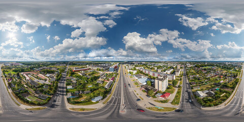 aerial seamless spherical hdri 360 panorama view above road junction with traffic in residential...