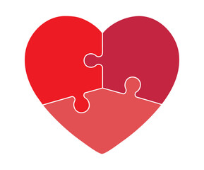 Red heart with three jigsaw pieces, puzzle pieces. Isolated on white background. Vector illustration.