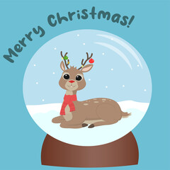 Merry Christmas greeting card Snow globe with reindeer inside on blue