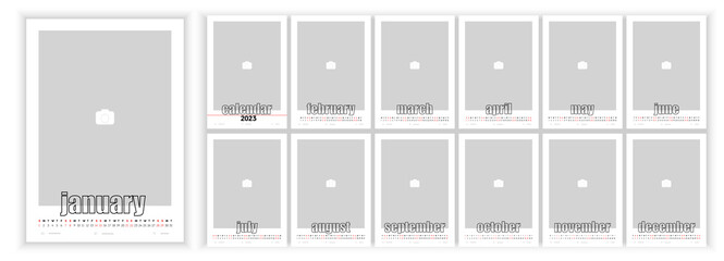Wall Monthly Photo Calendar 2023. Simple monthly vertical photo calendar Layout for 2023 year in English. Cover Calendar, 12 months templates. Week starts from Monday. Vector illustration