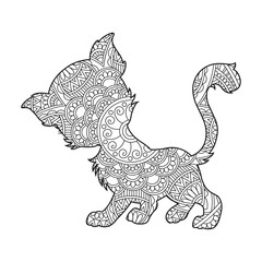 Zentangle cat mandala coloring page for adults christmas cat and floral animal coloring book isolated on white background antistress coloring page vector illustration