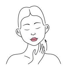 Facial, neck massage. Facial skin care at home, infographic vector icon. Beautiful girl applies cream, tonic, gel on the skin.