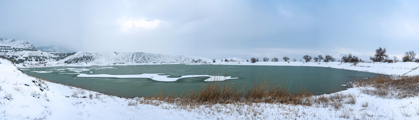 Small lake in winter, panorama