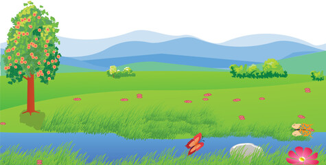 Landscape with a flowering tree near the river on a springtime day. Many red flowers on the field. Vector illustration.