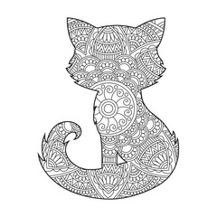 Zentangle cat mandala coloring page for adults christmas cat and floral animal coloring book isolated on white background antistress coloring page vector illustration