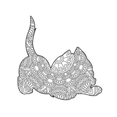 Zentangle cat mandala coloring page for adults christmas cat and floral animal coloring book isolated on white background antistress coloring page vector illustration