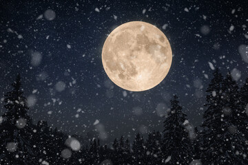 Amazing beautiful big moon in the night sky with stars and winter forest with snow. Winter holidays...