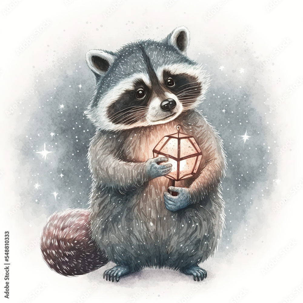 Wall mural Watercolor illustration of racoon with Christmas decoration 