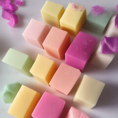 Colorful soap bars, handmade natural zero waste soap, spa and skincare small business idea, solid soap