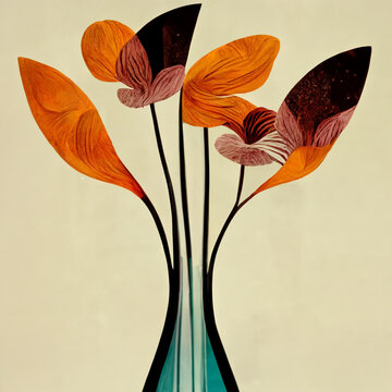 Vase with spring multicolor flowers bouquet in minimalist vintage style.