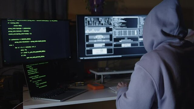 Young hacker, working and hacking with his computers. Attacking systems and danger computering.