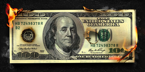 Dollar bill on fire burning 100 dollar - obrazy, fototapety, plakaty