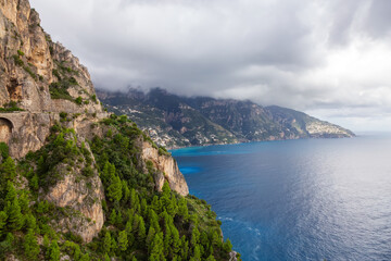 Rocky Cliffs and Mountain Landscape by the Tyrrhenian Sea. Amalfi Coast, Italy. Nature Background.